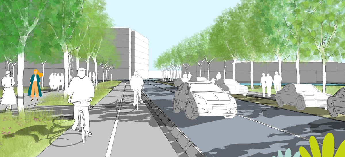 perspective montrant des piétons, vélos et voitures