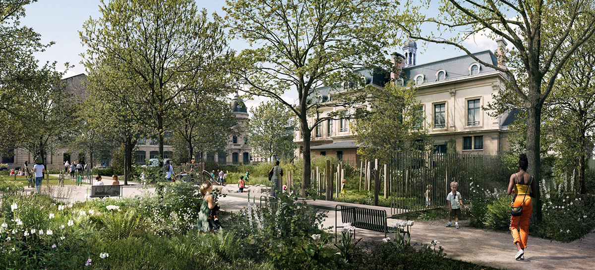 Perspective montrant un square avec des enfants qui jouent et et des gens qui se baladent